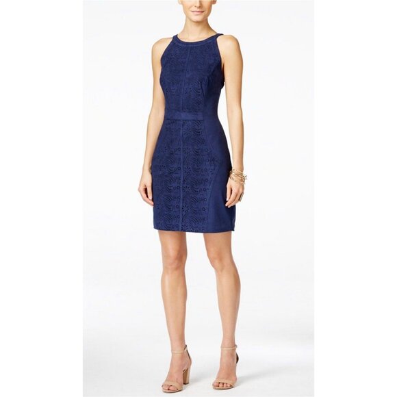 VAKKO x I.N.C International Concepts Women Navy Blue Laser Cut Faux Suede Sheath - Picture 1 of 8
